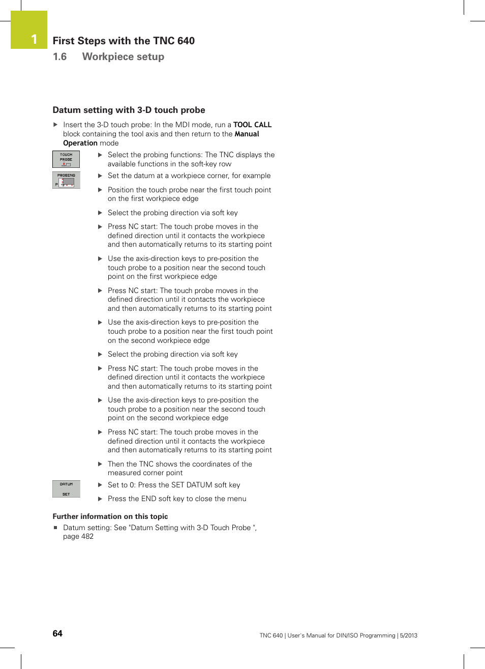 Datum setting with 3-d touch probe | HEIDENHAIN TNC 640 (34059x-02) ISO programming User Manual | Page 64 / 620
