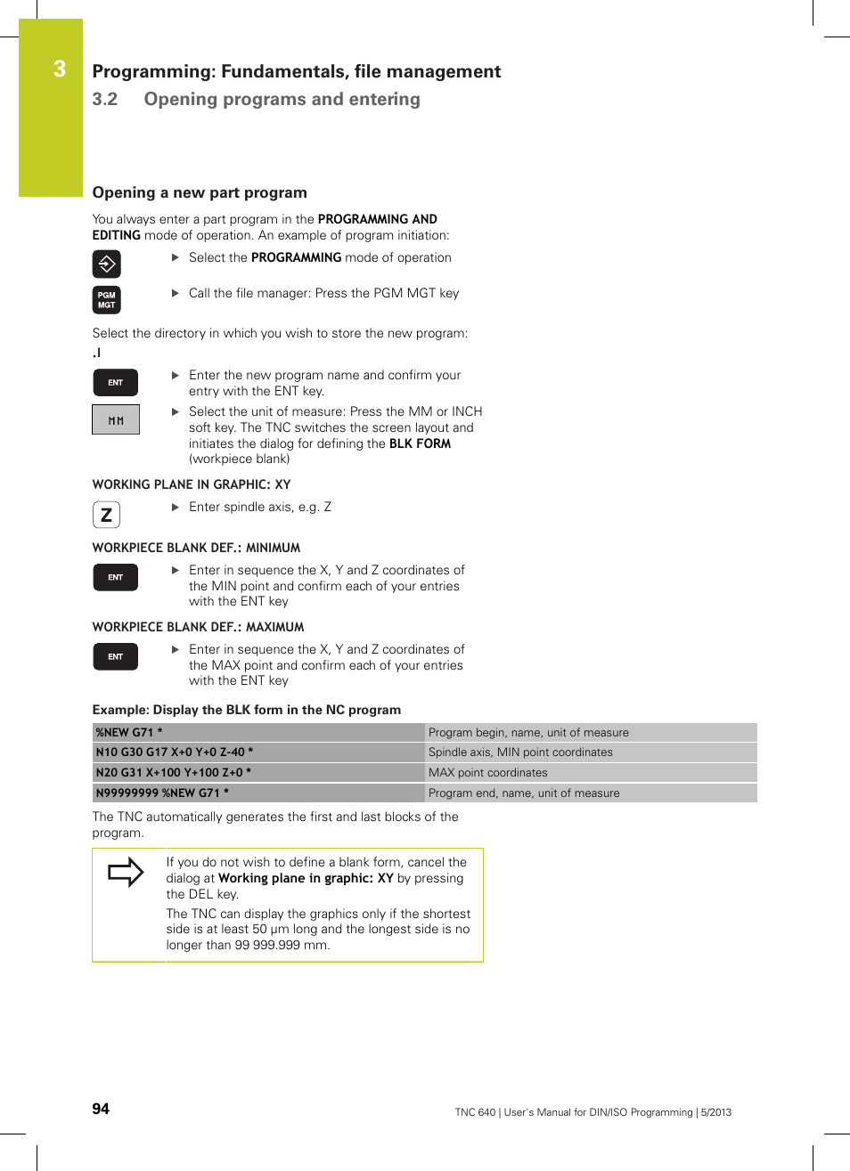 Opening a new part program | HEIDENHAIN TNC 640 (34059x-02) ISO programming User Manual | Page 94 / 620