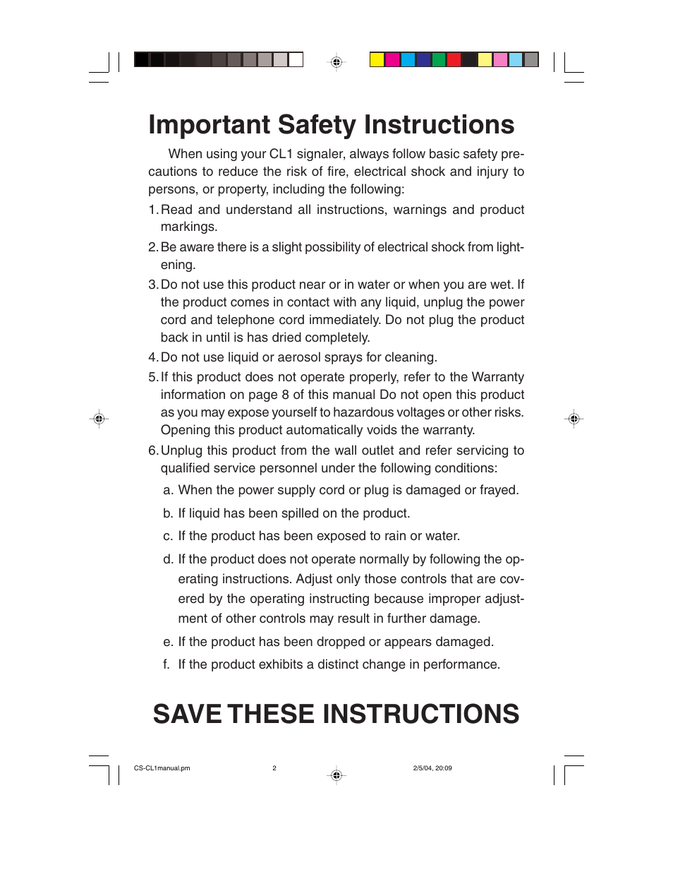 Important safety instructions, Save these instructions | ClearSounds CL1 User Manual | Page 2 / 8