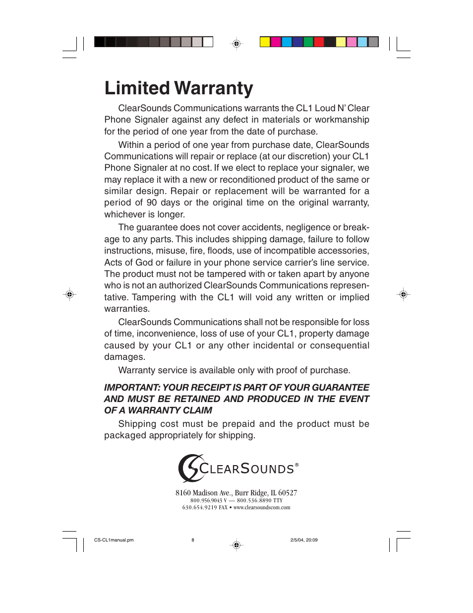Limited warranty | ClearSounds CL1 User Manual | Page 8 / 8
