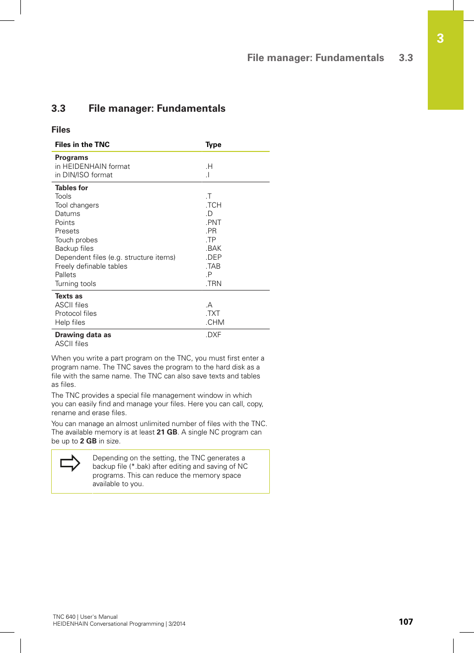 3 file manager: fundamentals, Files, File manager: fundamentals | File manager: fundamentals 3.3 | HEIDENHAIN TNC 640 (34059x-04) User Manual | Page 107 / 679