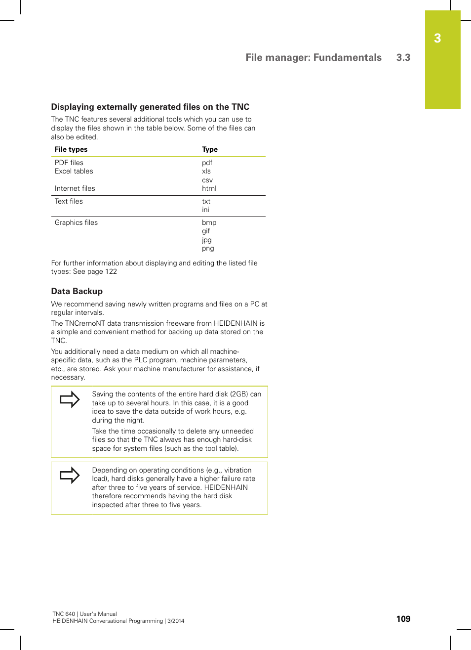 Displaying externally generated files on the tnc, Data backup, File manager: fundamentals 3.3 | HEIDENHAIN TNC 640 (34059x-04) User Manual | Page 109 / 679