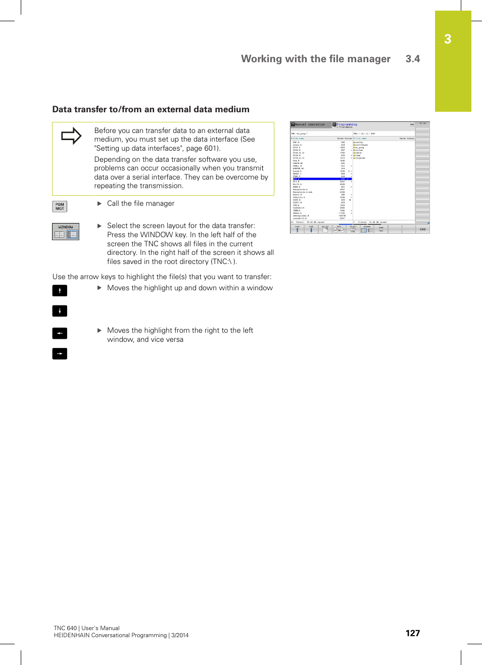 Data transfer to/from an external data medium, Working with the file manager 3.4 | HEIDENHAIN TNC 640 (34059x-04) User Manual | Page 127 / 679