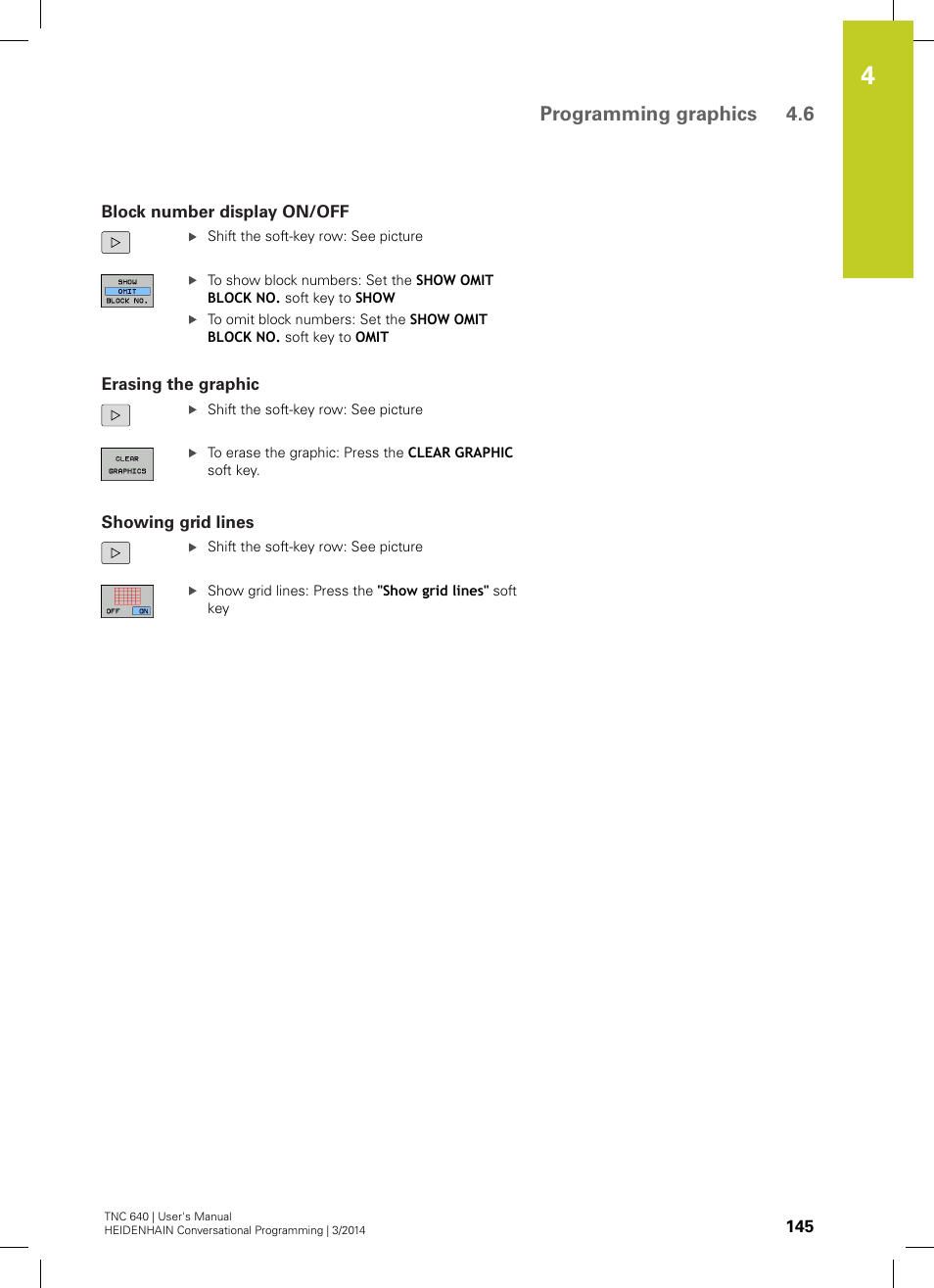 Block number display on/off, Erasing the graphic, Showing grid lines | Programming graphics 4.6 | HEIDENHAIN TNC 640 (34059x-04) User Manual | Page 145 / 679