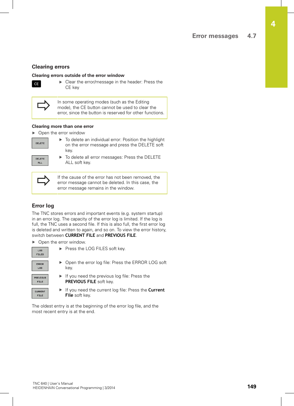 Clearing errors, Error log, Error messages 4.7 | HEIDENHAIN TNC 640 (34059x-04) User Manual | Page 149 / 679