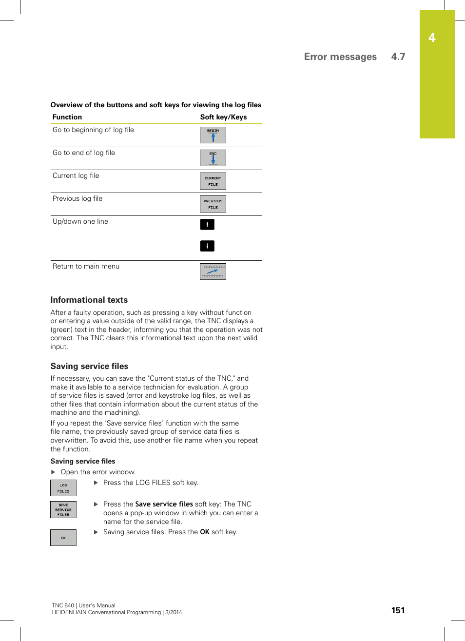 Informational texts, Saving service files, Error messages 4.7 | HEIDENHAIN TNC 640 (34059x-04) User Manual | Page 151 / 679