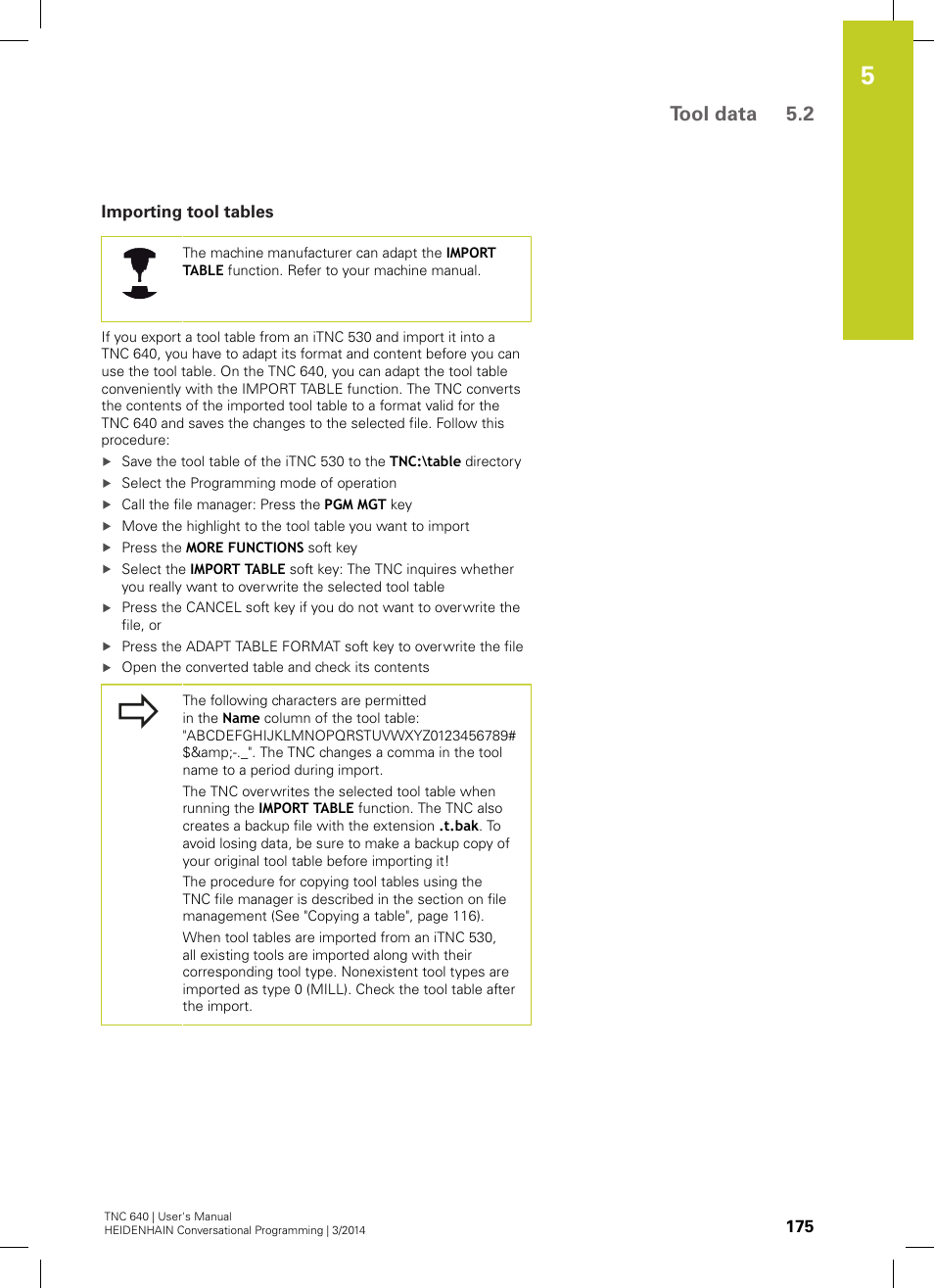 Importing tool tables, Tool data 5.2 | HEIDENHAIN TNC 640 (34059x-04) User Manual | Page 175 / 679