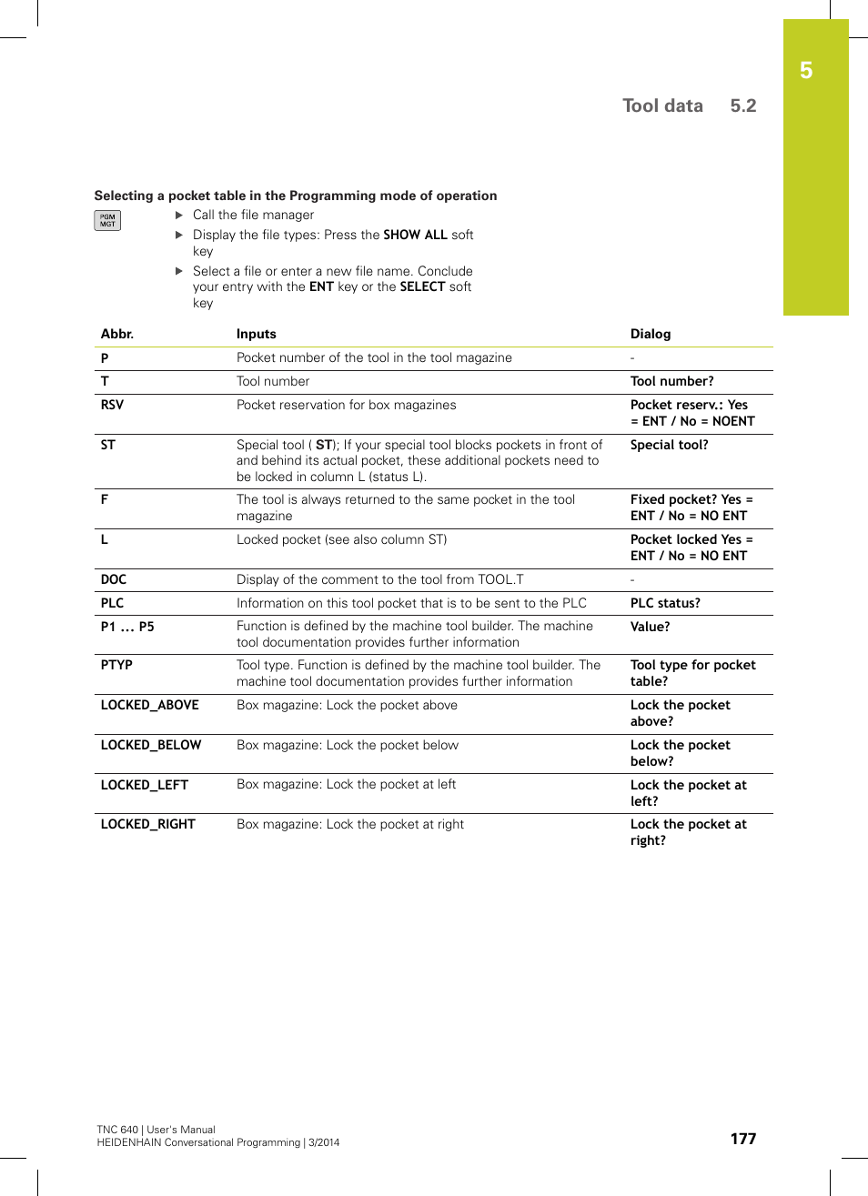 Tool data 5.2 | HEIDENHAIN TNC 640 (34059x-04) User Manual | Page 177 / 679