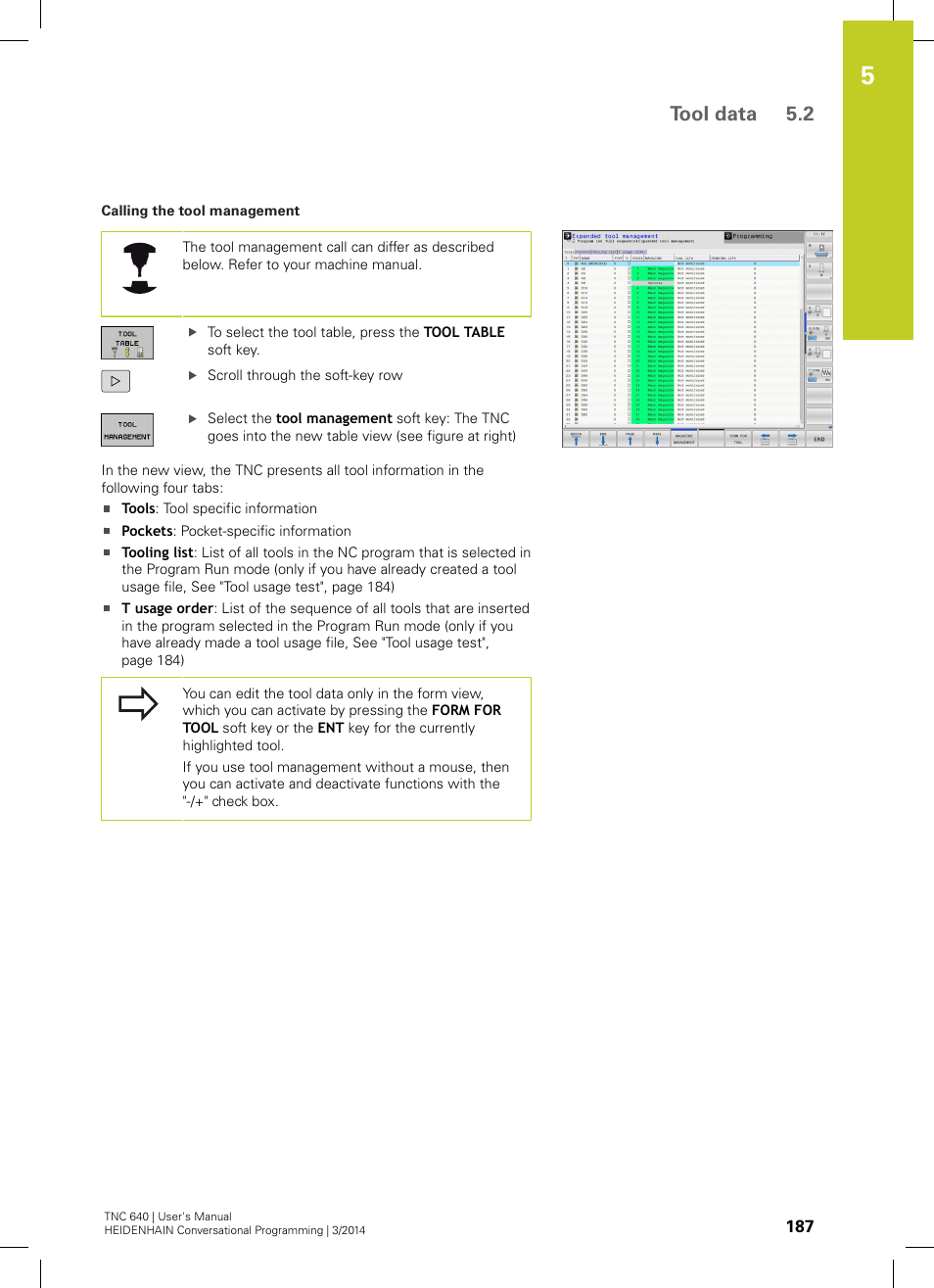 Tool data 5.2 | HEIDENHAIN TNC 640 (34059x-04) User Manual | Page 187 / 679