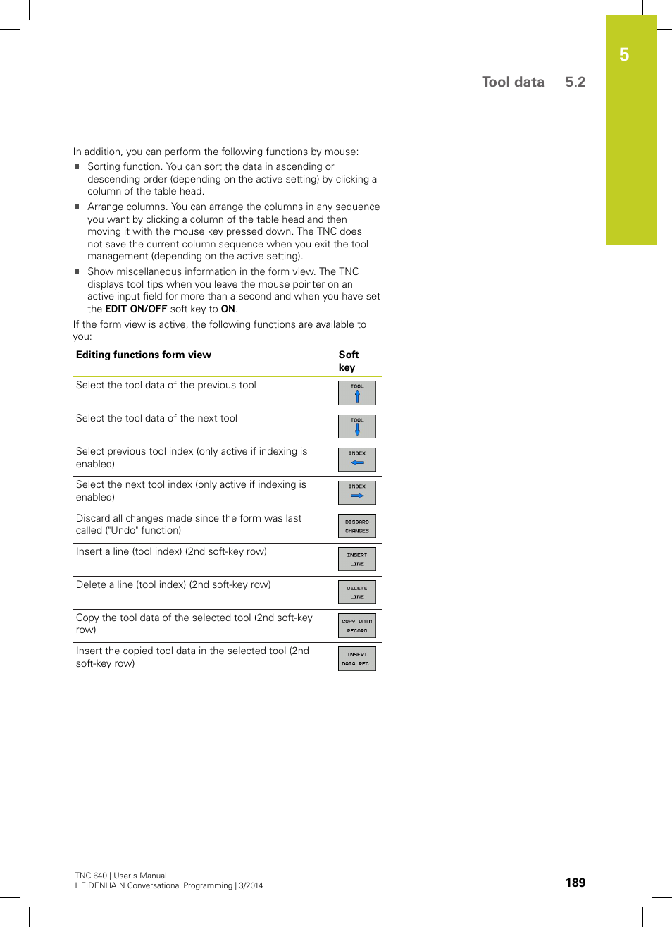 Tool data 5.2 | HEIDENHAIN TNC 640 (34059x-04) User Manual | Page 189 / 679