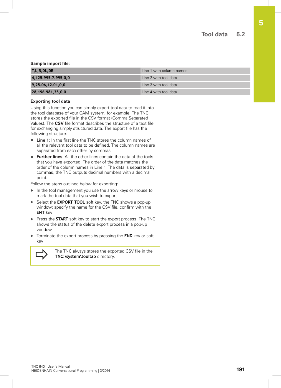 Tool data 5.2 | HEIDENHAIN TNC 640 (34059x-04) User Manual | Page 191 / 679
