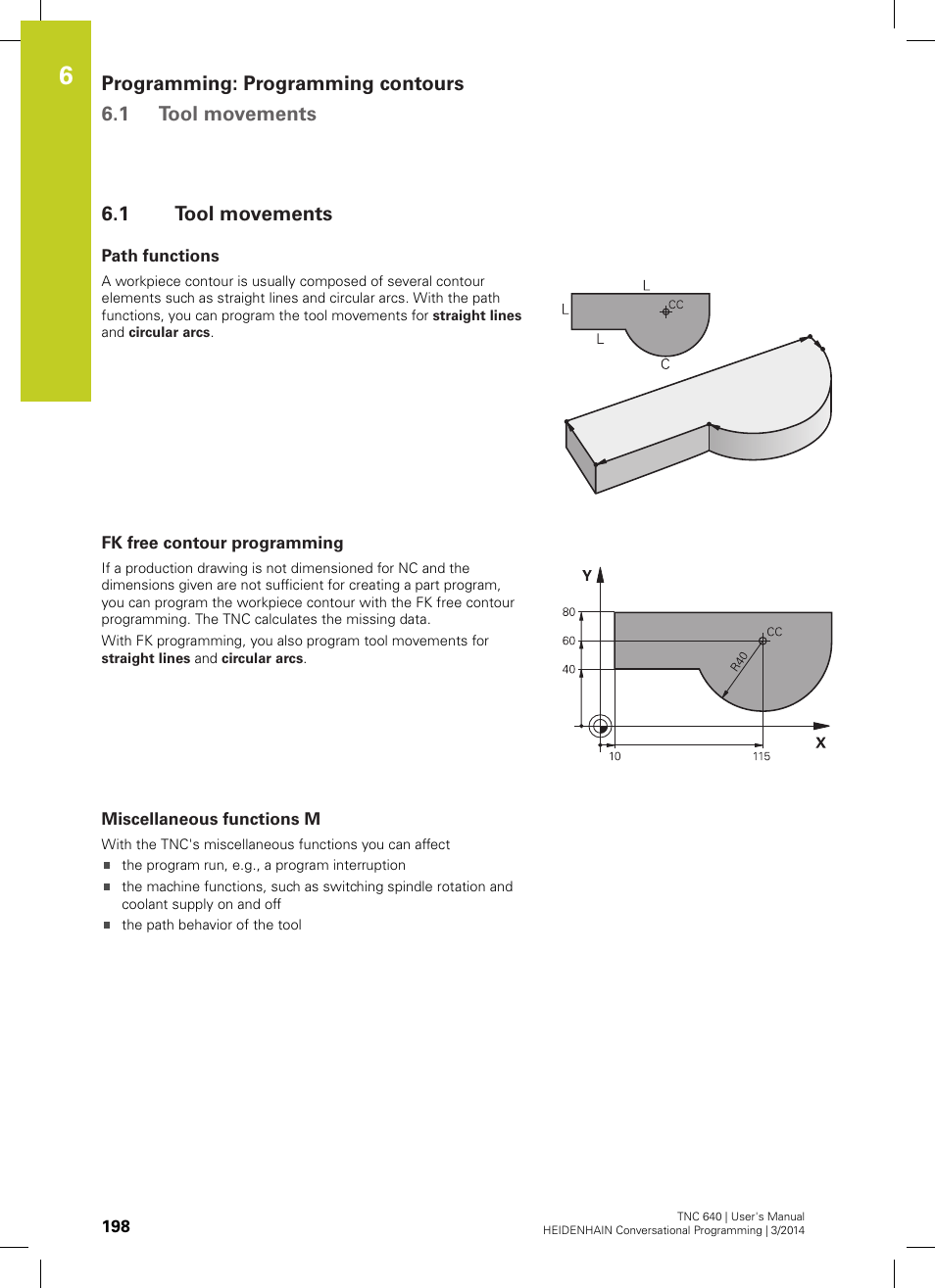 1 tool movements, Path functions, Fk free contour programming | Miscellaneous functions m, Tool movements | HEIDENHAIN TNC 640 (34059x-04) User Manual | Page 198 / 679