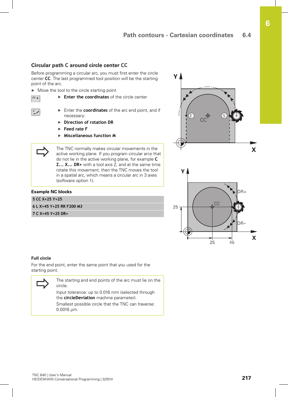 Circular path c around circle center cc, Path contours - cartesian coordinates 6.4 | HEIDENHAIN TNC 640 (34059x-04) User Manual | Page 217 / 679