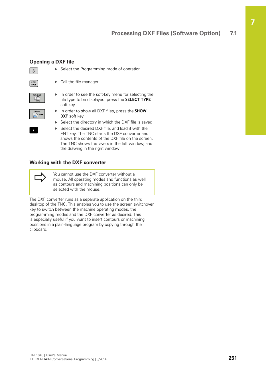 Opening a dxf file, Working with the dxf converter, Processing dxf files (software option) 7.1 | HEIDENHAIN TNC 640 (34059x-04) User Manual | Page 251 / 679