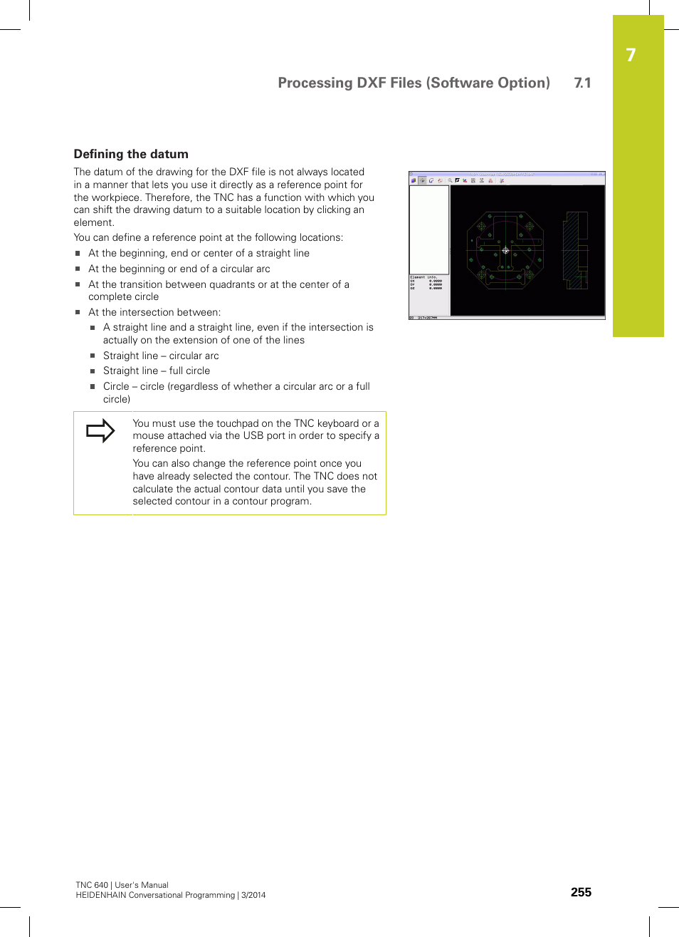 Defining the datum, Processing dxf files (software option) 7.1 | HEIDENHAIN TNC 640 (34059x-04) User Manual | Page 255 / 679