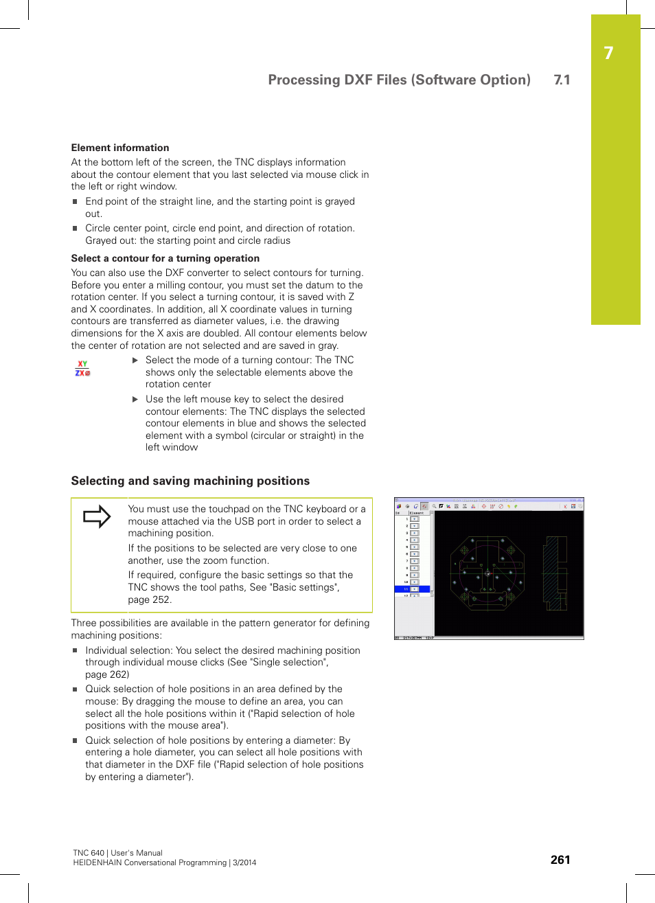 Selecting and saving machining positions, Processing dxf files (software option) 7.1 | HEIDENHAIN TNC 640 (34059x-04) User Manual | Page 261 / 679