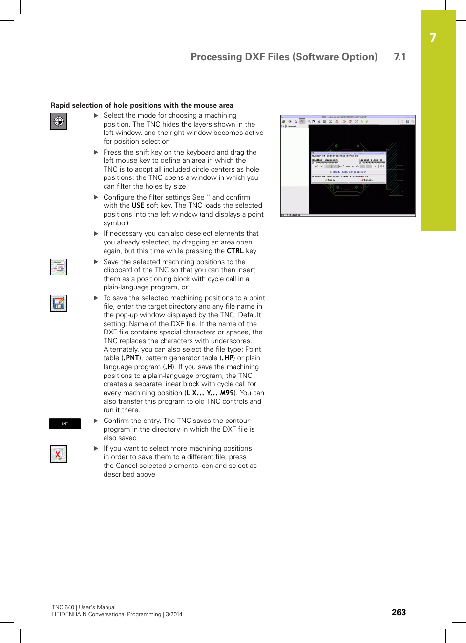 Positions with the mouse area, Processing dxf files (software option) 7.1 | HEIDENHAIN TNC 640 (34059x-04) User Manual | Page 263 / 679