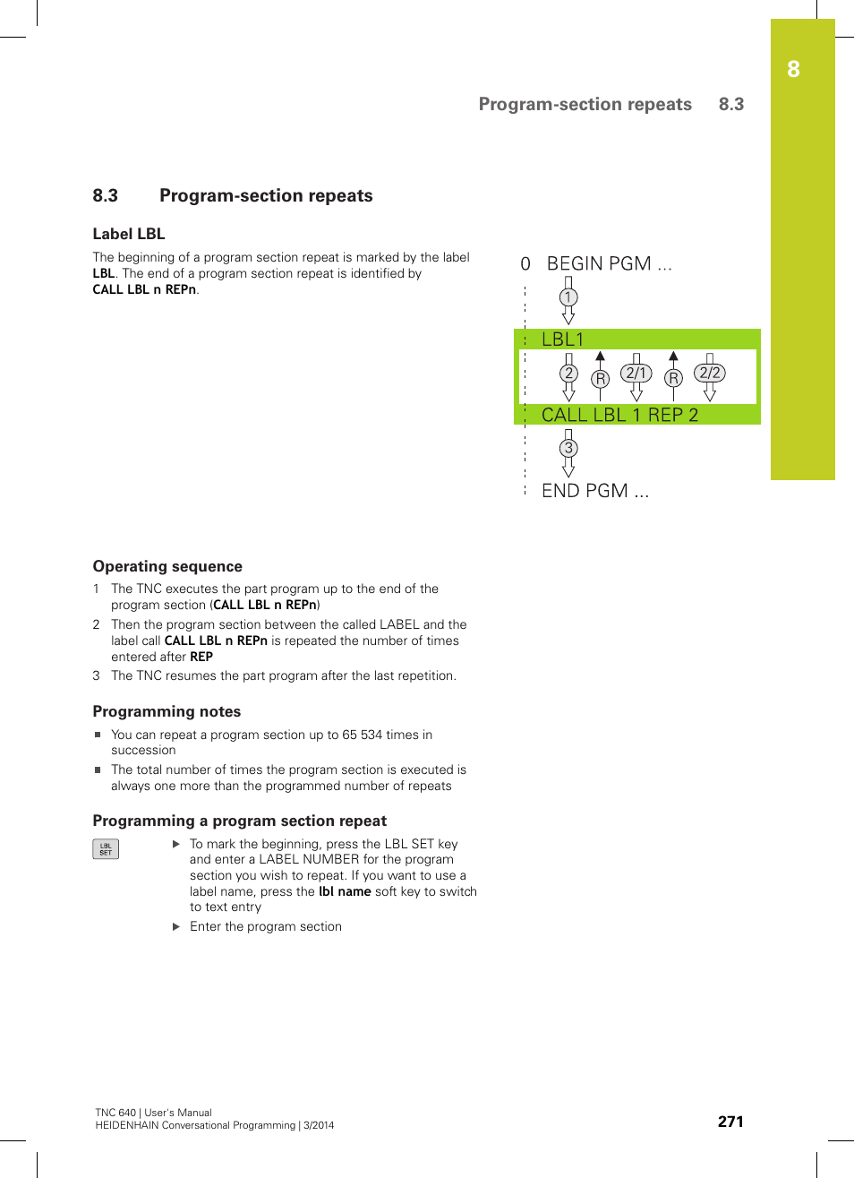 3 program-section repeats, Label lbl, Operating sequence | Programming notes, Programming a program section repeat, Program-section repeats | HEIDENHAIN TNC 640 (34059x-04) User Manual | Page 271 / 679