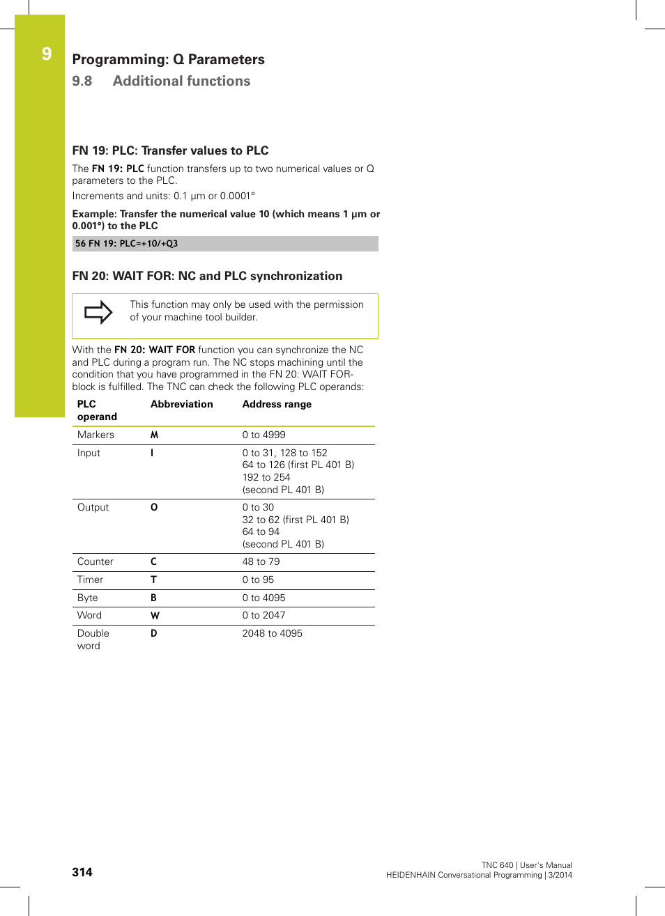 Fn 19: plc: transfer values to plc, Fn 20: wait for: nc and plc synchronization, Programming: q parameters 9.8 additional functions | HEIDENHAIN TNC 640 (34059x-04) User Manual | Page 314 / 679