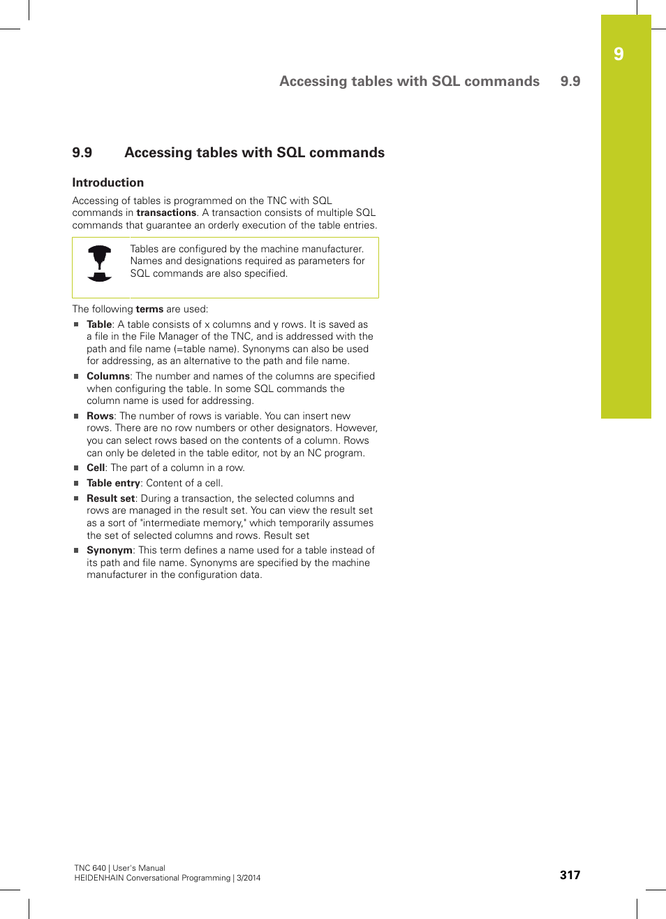 9 accessing tables with sql commands, Introduction, Accessing tables with sql commands | Accessing tables with sql commands 9.9 | HEIDENHAIN TNC 640 (34059x-04) User Manual | Page 317 / 679