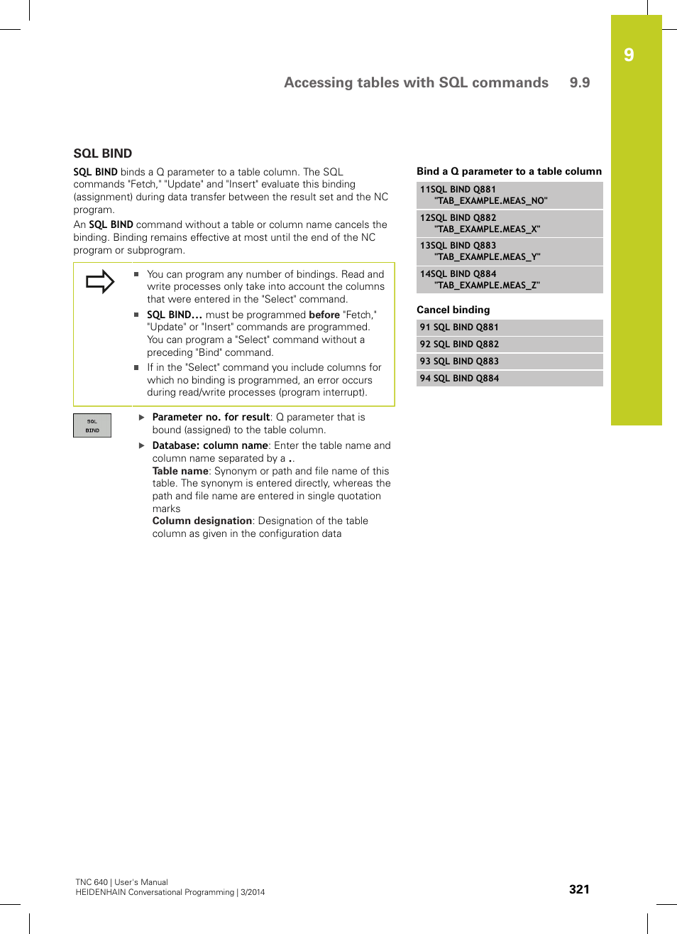Sql bind, Accessing tables with sql commands 9.9 | HEIDENHAIN TNC 640 (34059x-04) User Manual | Page 321 / 679