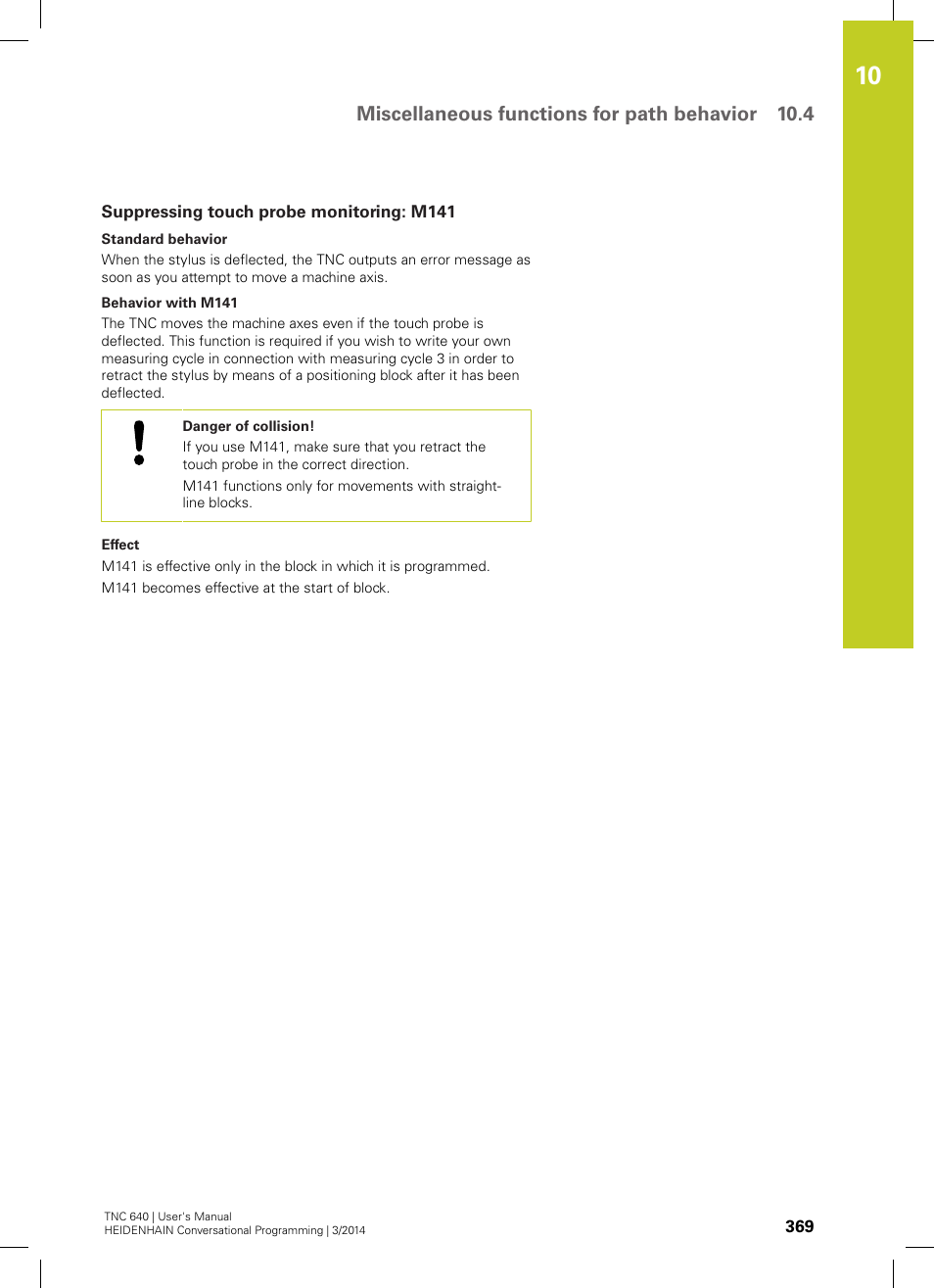 Suppressing touch probe monitoring: m141, Miscellaneous functions for path behavior 10.4 | HEIDENHAIN TNC 640 (34059x-04) User Manual | Page 369 / 679