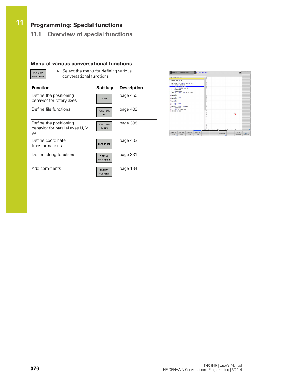 Menu of various conversational functions | HEIDENHAIN TNC 640 (34059x-04) User Manual | Page 376 / 679