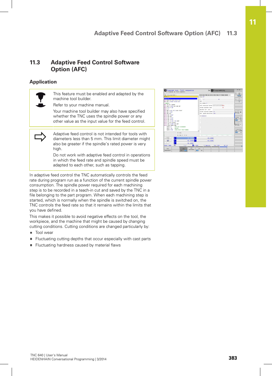 3 adaptive feed control software option (afc), Application, Adaptive feed control software option (afc) | Adaptive feed control software option (afc) 11.3 | HEIDENHAIN TNC 640 (34059x-04) User Manual | Page 383 / 679