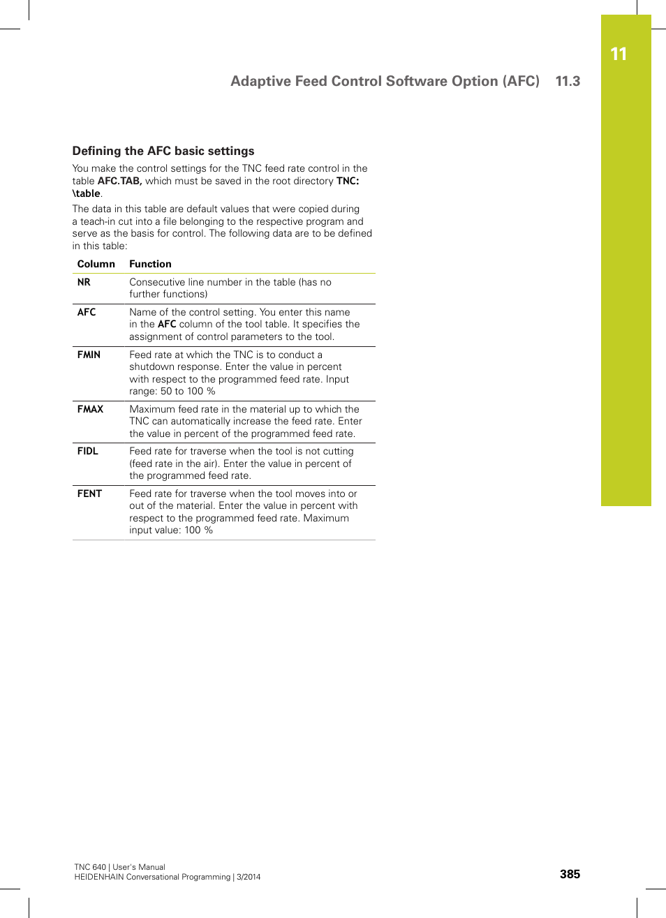 Defining the afc basic settings, Adaptive feed control software option (afc) 11.3 | HEIDENHAIN TNC 640 (34059x-04) User Manual | Page 385 / 679