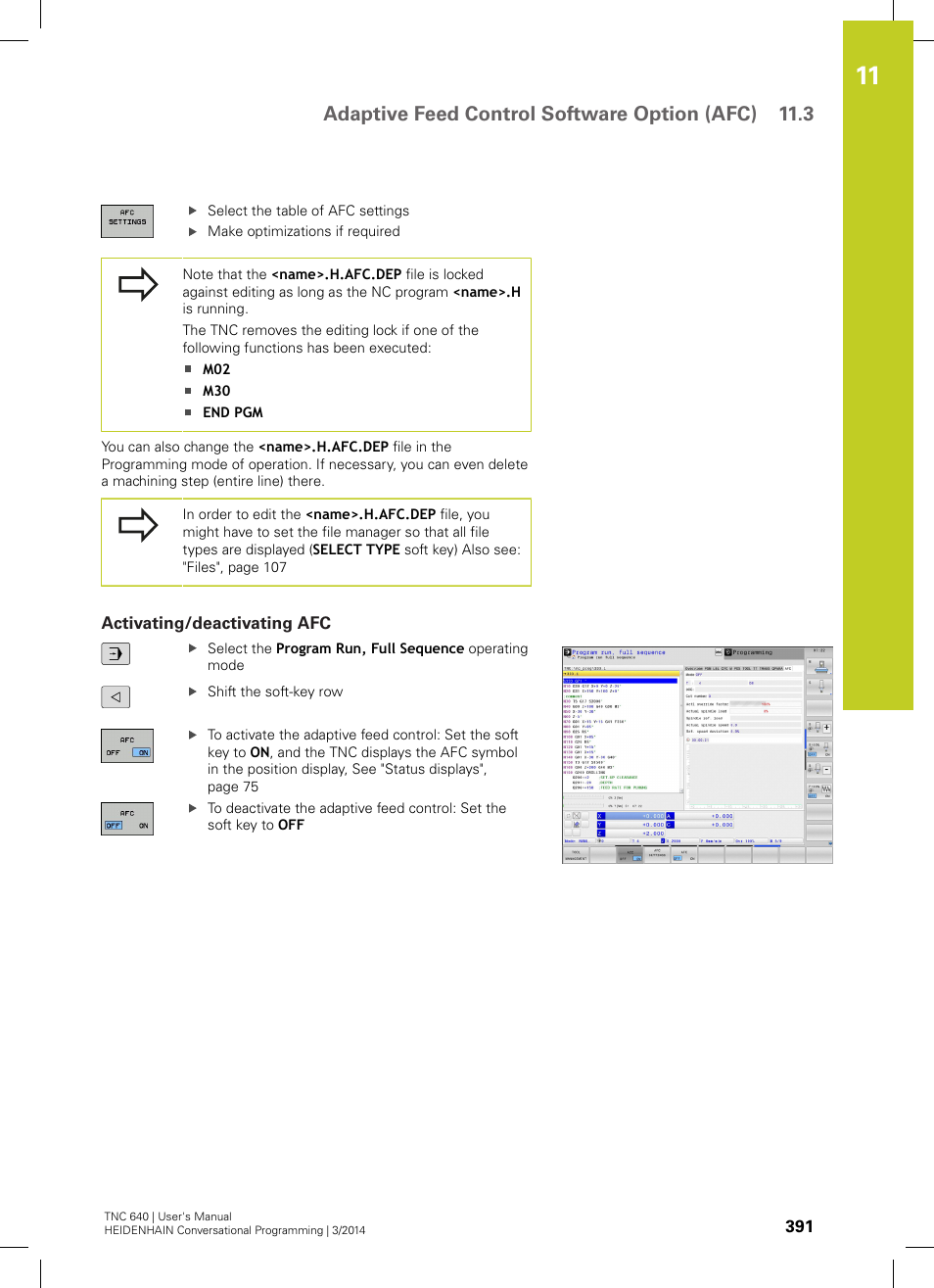 Activating/deactivating afc, Adaptive feed control software option (afc) 11.3 | HEIDENHAIN TNC 640 (34059x-04) User Manual | Page 391 / 679