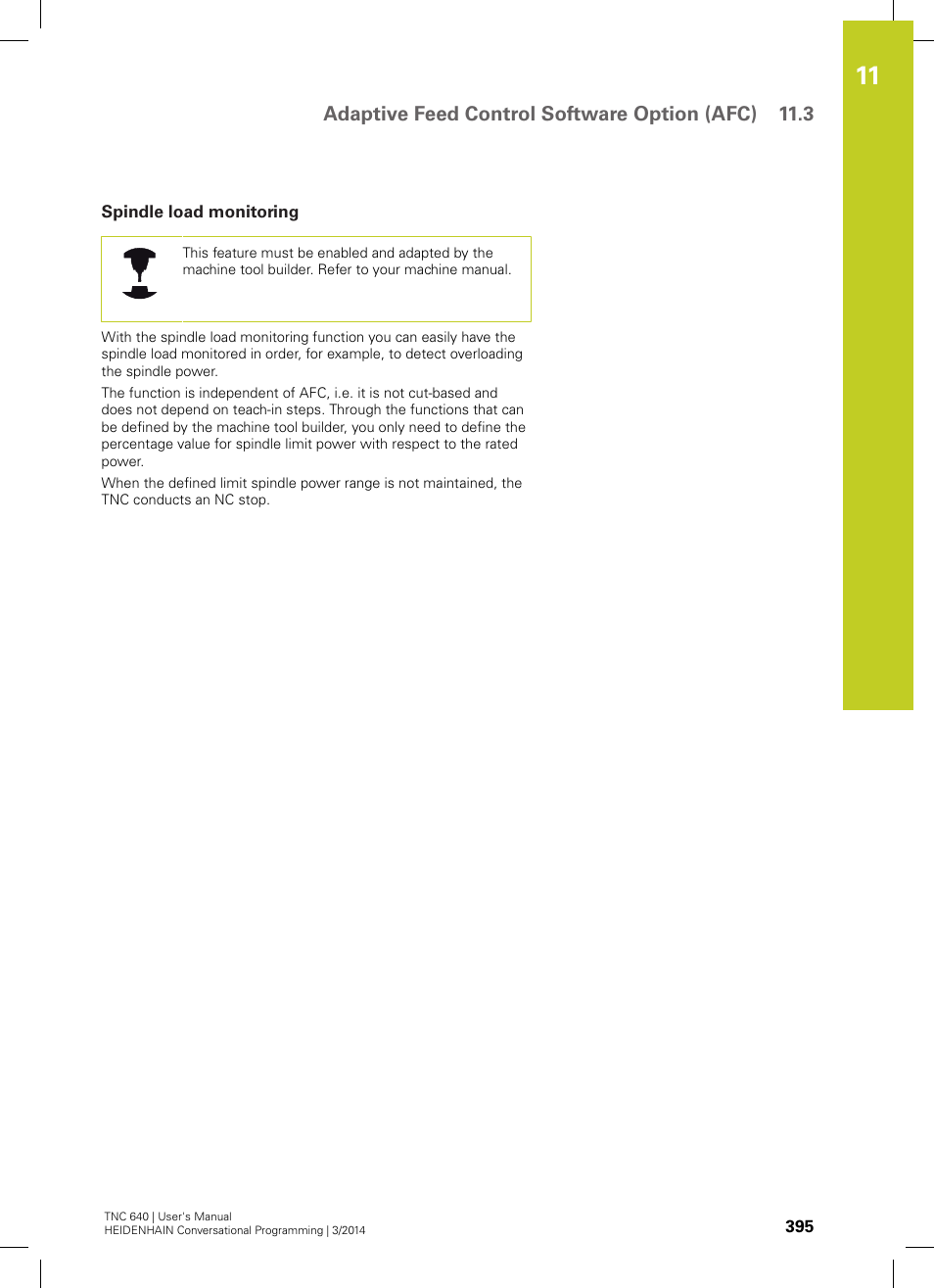 Spindle load monitoring, Adaptive feed control software option (afc) 11.3 | HEIDENHAIN TNC 640 (34059x-04) User Manual | Page 395 / 679