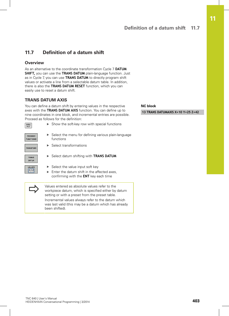 7 definition of a datum shift, Overview, Trans datum axis | Definition of a datum shift, Definition of a datum shift 11.7 | HEIDENHAIN TNC 640 (34059x-04) User Manual | Page 403 / 679