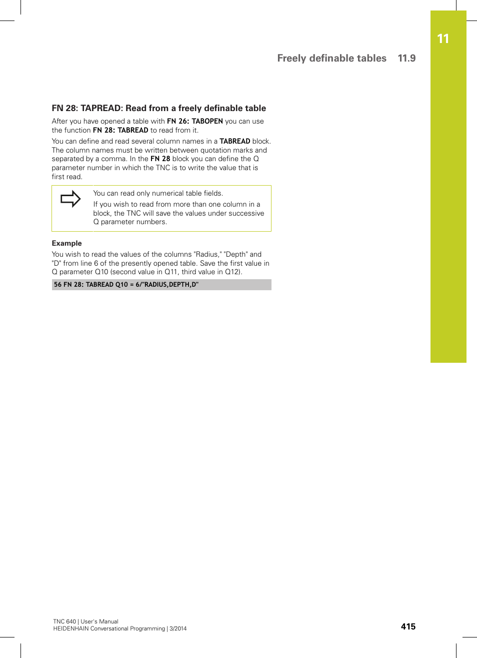 Fn 28: tapread: read from a freely definable table, Freely definable tables 11.9 | HEIDENHAIN TNC 640 (34059x-04) User Manual | Page 415 / 679