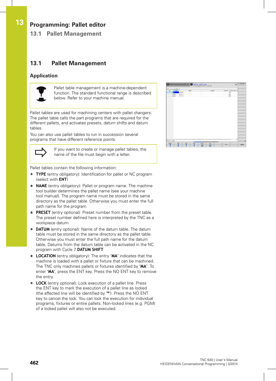 1 pallet management, Application, Pallet management | Programming: pallet editor 13.1 pallet management | HEIDENHAIN TNC 640 (34059x-04) User Manual | Page 462 / 679