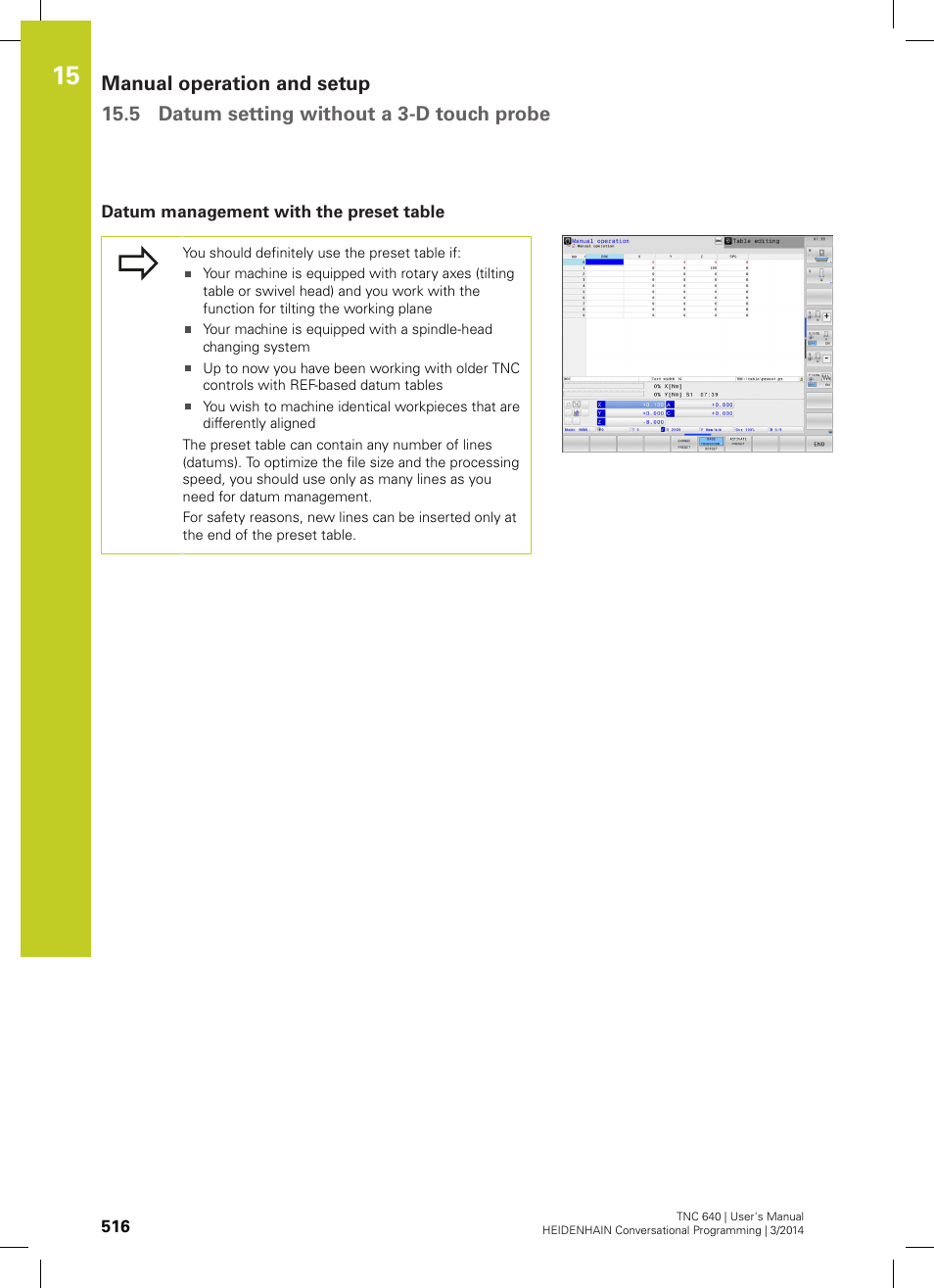 Datum management with the preset table | HEIDENHAIN TNC 640 (34059x-04) User Manual | Page 516 / 679