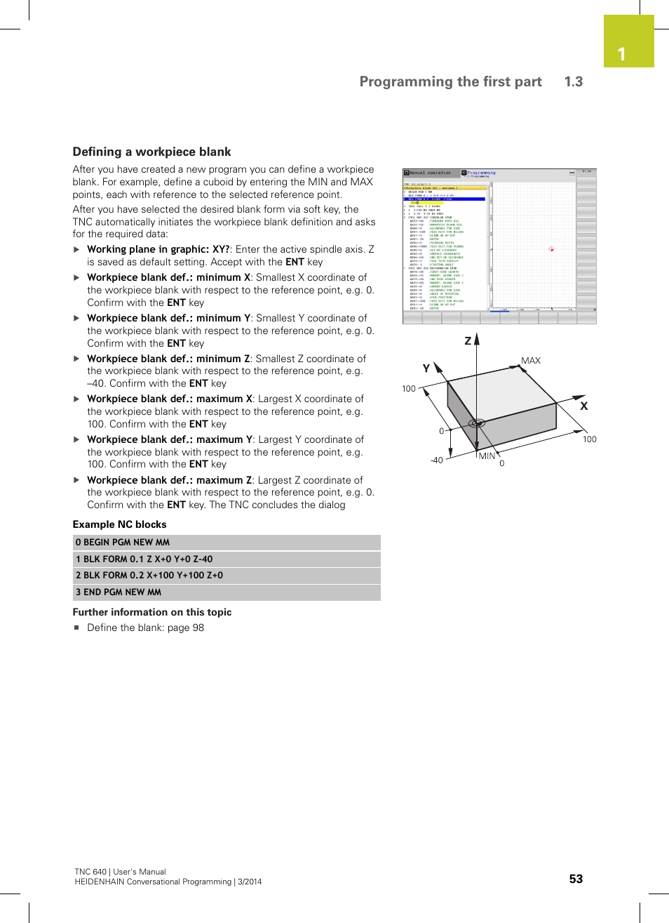Defining a workpiece blank, Programming the first part 1.3 | HEIDENHAIN TNC 640 (34059x-04) User Manual | Page 53 / 679