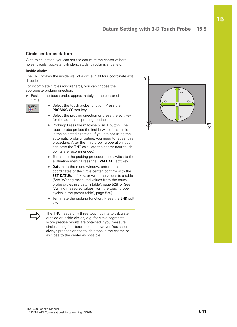 Circle center as datum, Datum setting with 3-d touch probe 15.9 | HEIDENHAIN TNC 640 (34059x-04) User Manual | Page 541 / 679