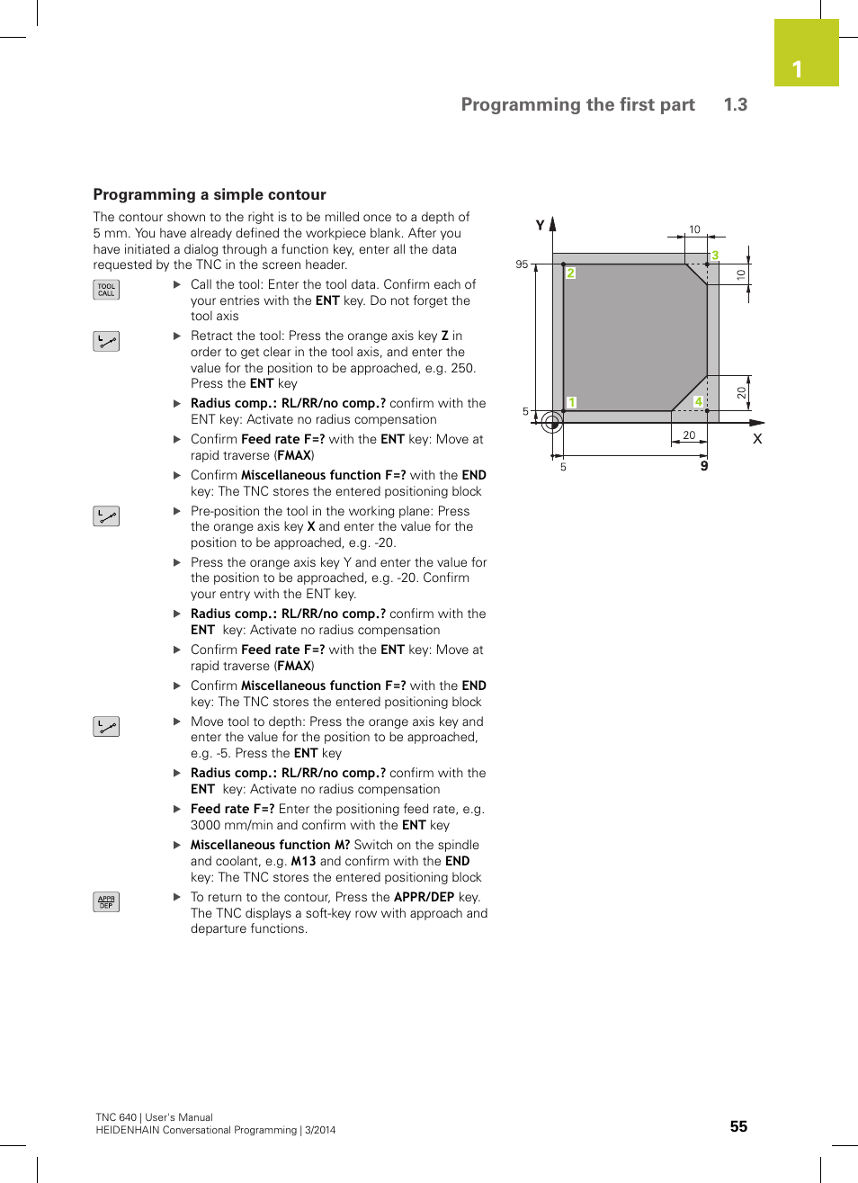 Programming a simple contour, Programming the first part 1.3 | HEIDENHAIN TNC 640 (34059x-04) User Manual | Page 55 / 679