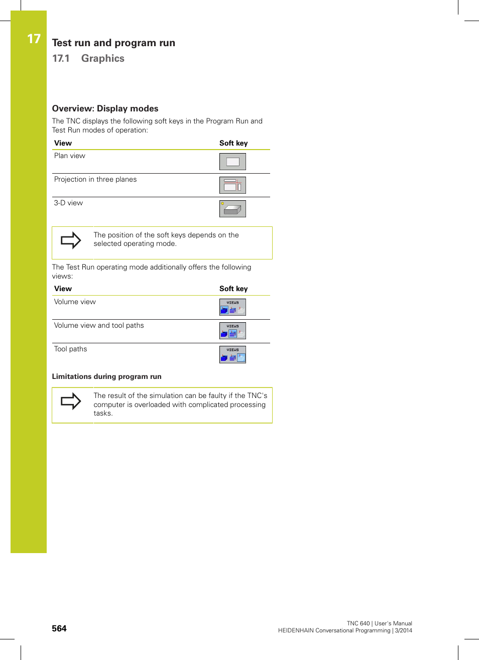 Overview: display modes, Test run and program run 17.1 graphics | HEIDENHAIN TNC 640 (34059x-04) User Manual | Page 564 / 679