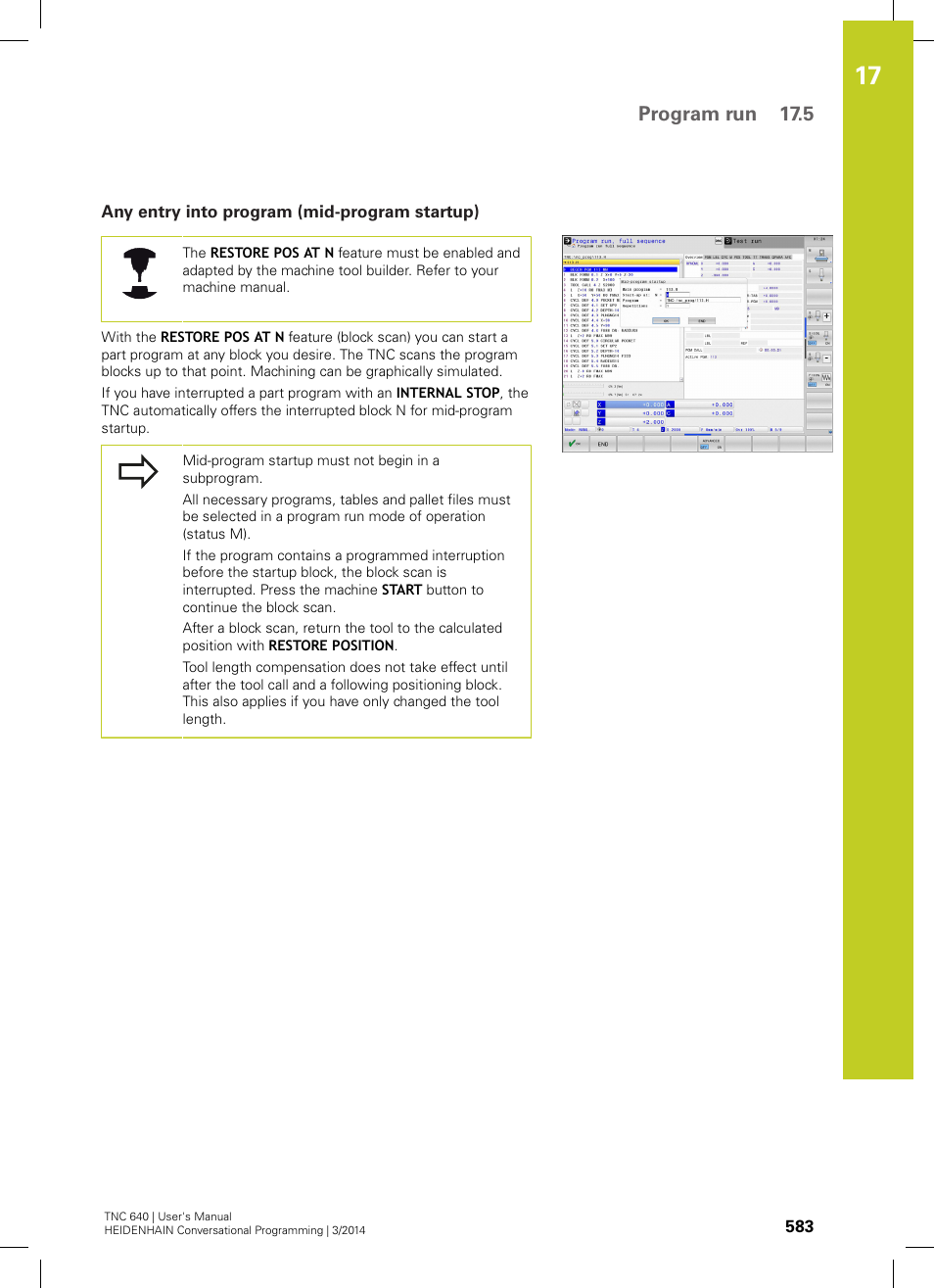Any entry into program (mid-program startup), Program run 17.5 | HEIDENHAIN TNC 640 (34059x-04) User Manual | Page 583 / 679
