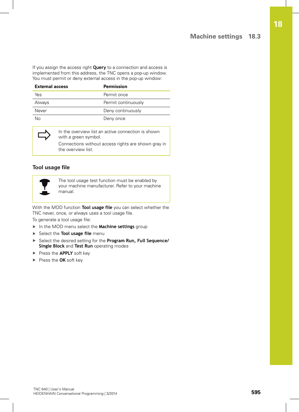 Tool usage file, Machine settings 18.3 | HEIDENHAIN TNC 640 (34059x-04) User Manual | Page 595 / 679