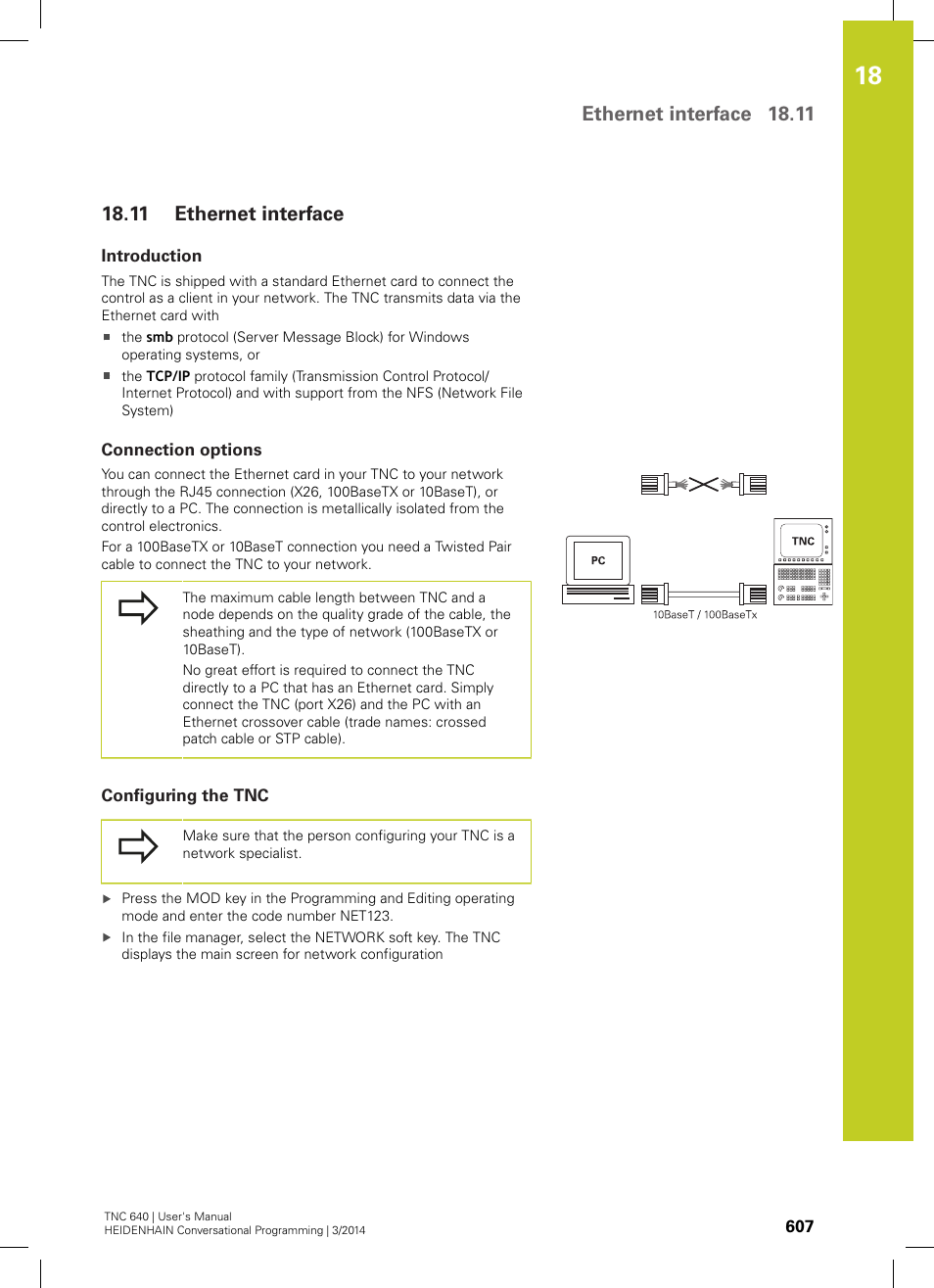 11 ethernet interface, Introduction, Connection options | Configuring the tnc, Ethernet interface, Ethernet interface 18.11 | HEIDENHAIN TNC 640 (34059x-04) User Manual | Page 607 / 679