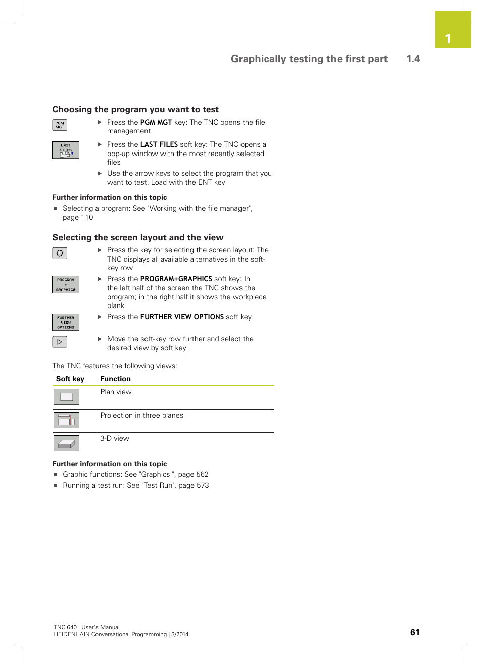 Choosing the program you want to test, Selecting the screen layout and the view, Graphically testing the first part 1.4 | HEIDENHAIN TNC 640 (34059x-04) User Manual | Page 61 / 679