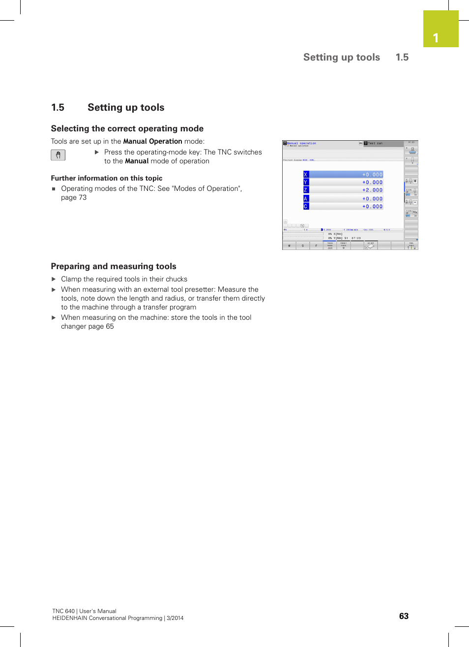 5 setting up tools, Selecting the correct operating mode, Preparing and measuring tools | Setting up tools, Setting up tools 1.5 | HEIDENHAIN TNC 640 (34059x-04) User Manual | Page 63 / 679