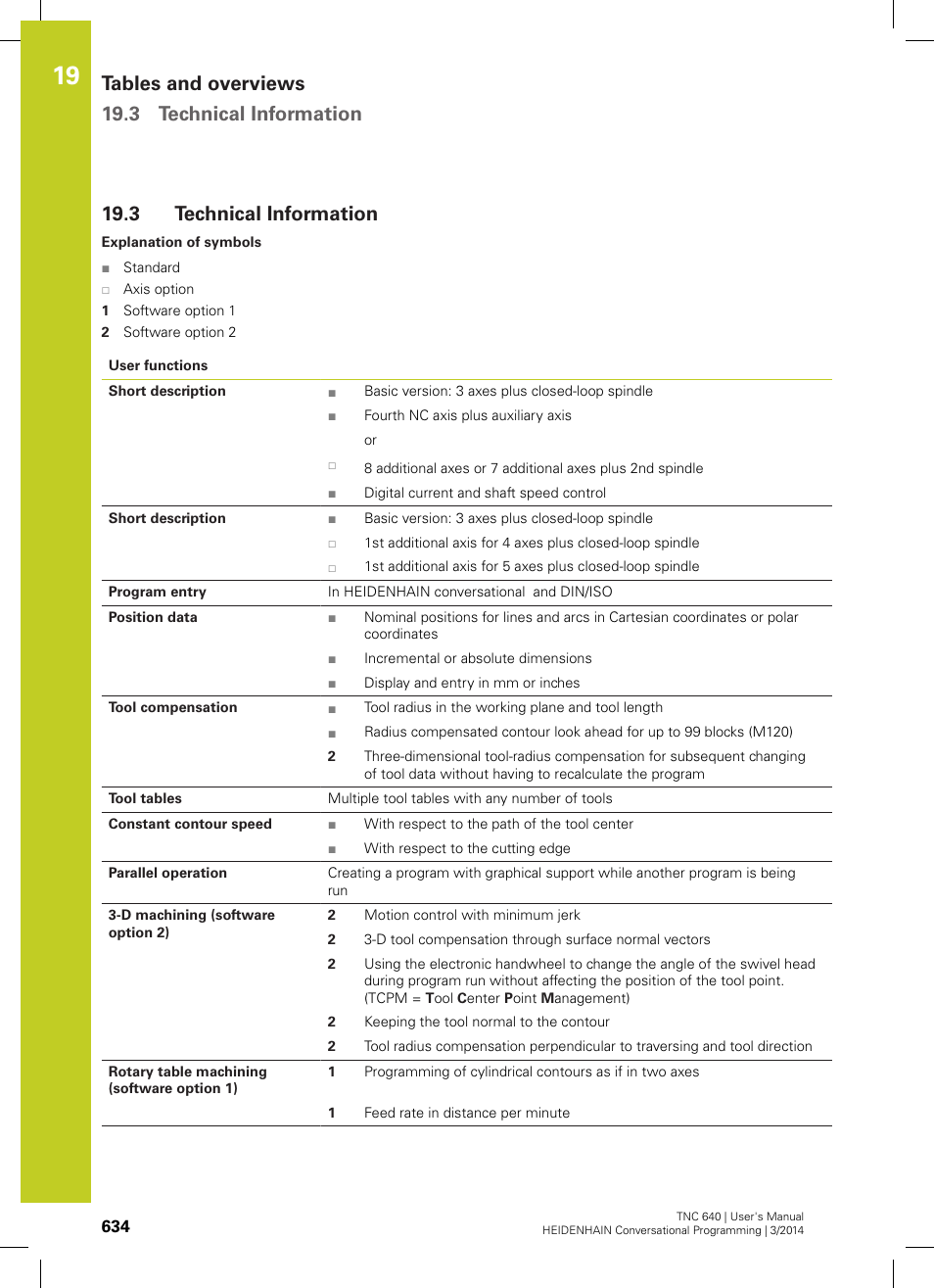3 technical information, Technical information, Tables and overviews 19.3 technical information | HEIDENHAIN TNC 640 (34059x-04) User Manual | Page 634 / 679