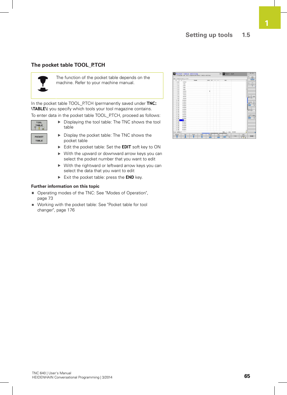 The pocket table tool_p.tch, Setting up tools 1.5 | HEIDENHAIN TNC 640 (34059x-04) User Manual | Page 65 / 679