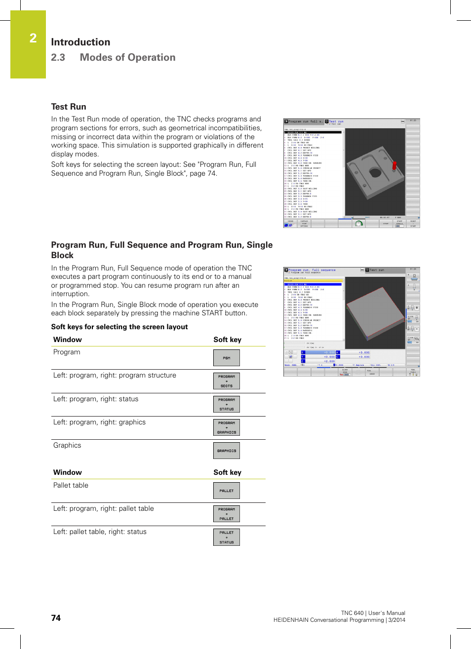 Test run, Introduction 2.3 modes of operation | HEIDENHAIN TNC 640 (34059x-04) User Manual | Page 74 / 679
