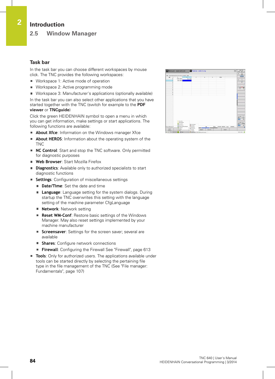 Task bar, Introduction 2.5 window manager | HEIDENHAIN TNC 640 (34059x-04) User Manual | Page 84 / 679