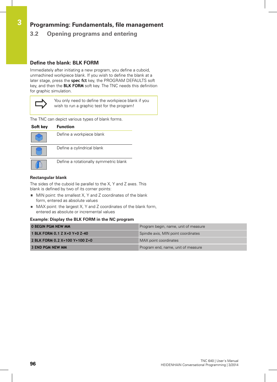 Define the blank: blk form | HEIDENHAIN TNC 640 (34059x-04) User Manual | Page 96 / 679