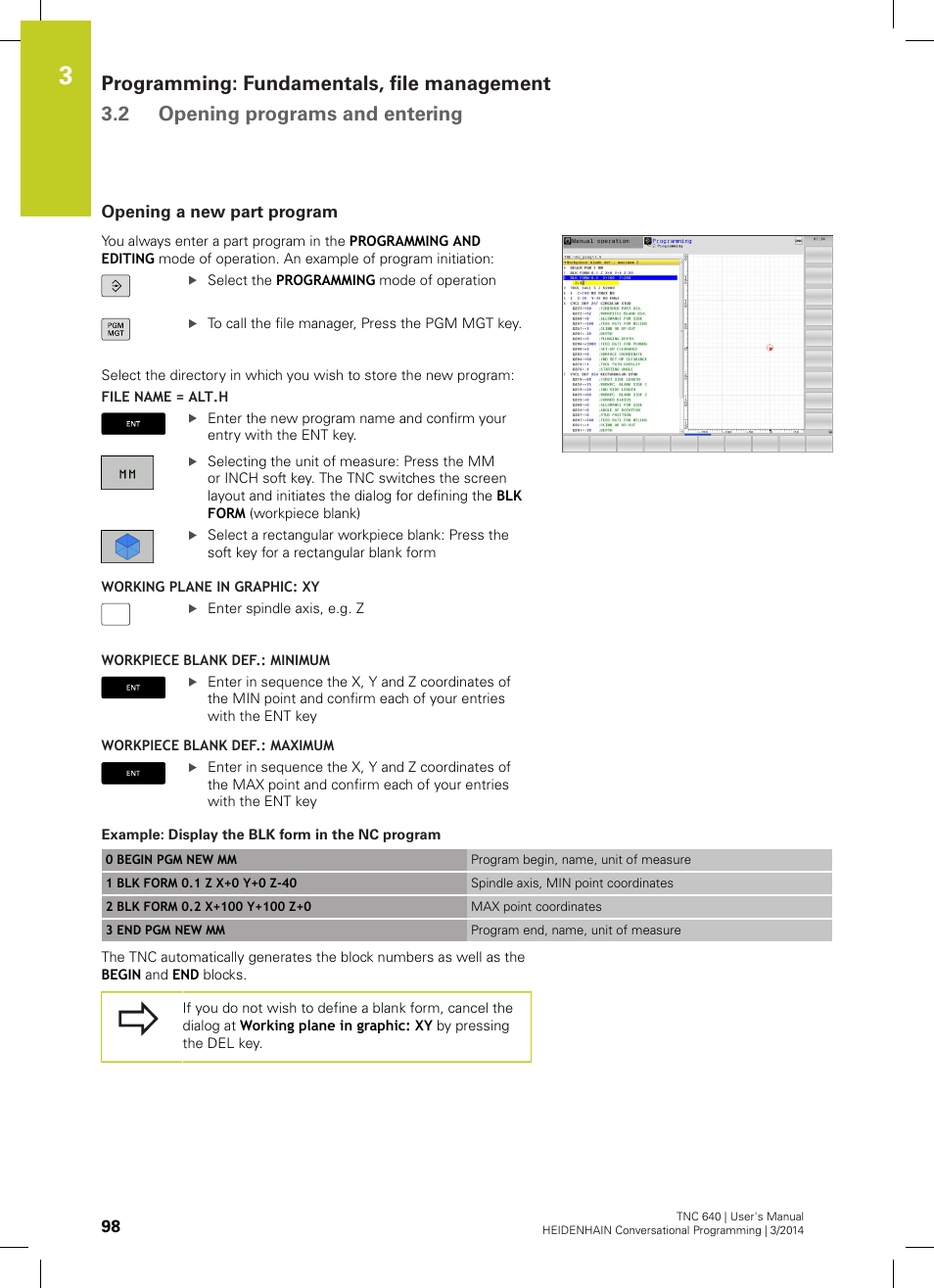 Opening a new part program | HEIDENHAIN TNC 640 (34059x-04) User Manual | Page 98 / 679